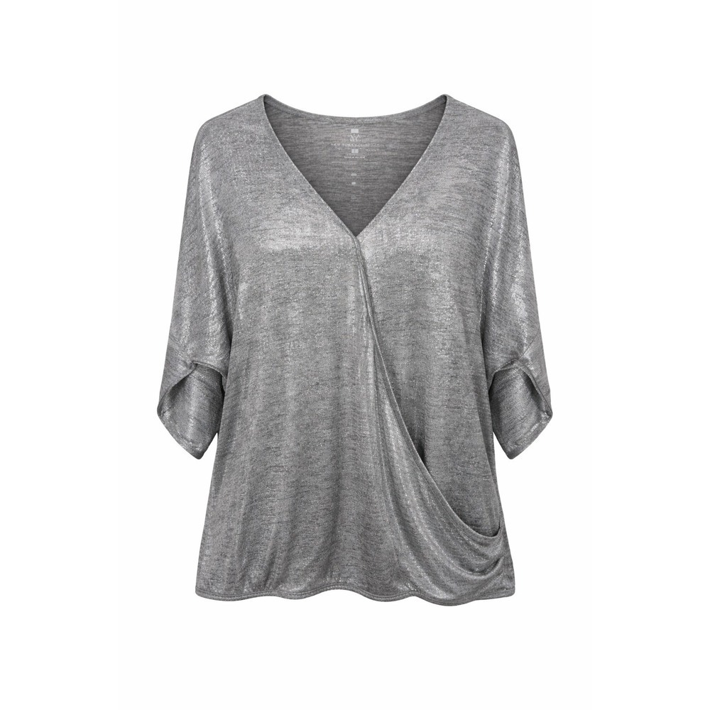 New York & Co Women's Large Faux Wrap Top Silver Space Dye V Neck Stretch EUC
